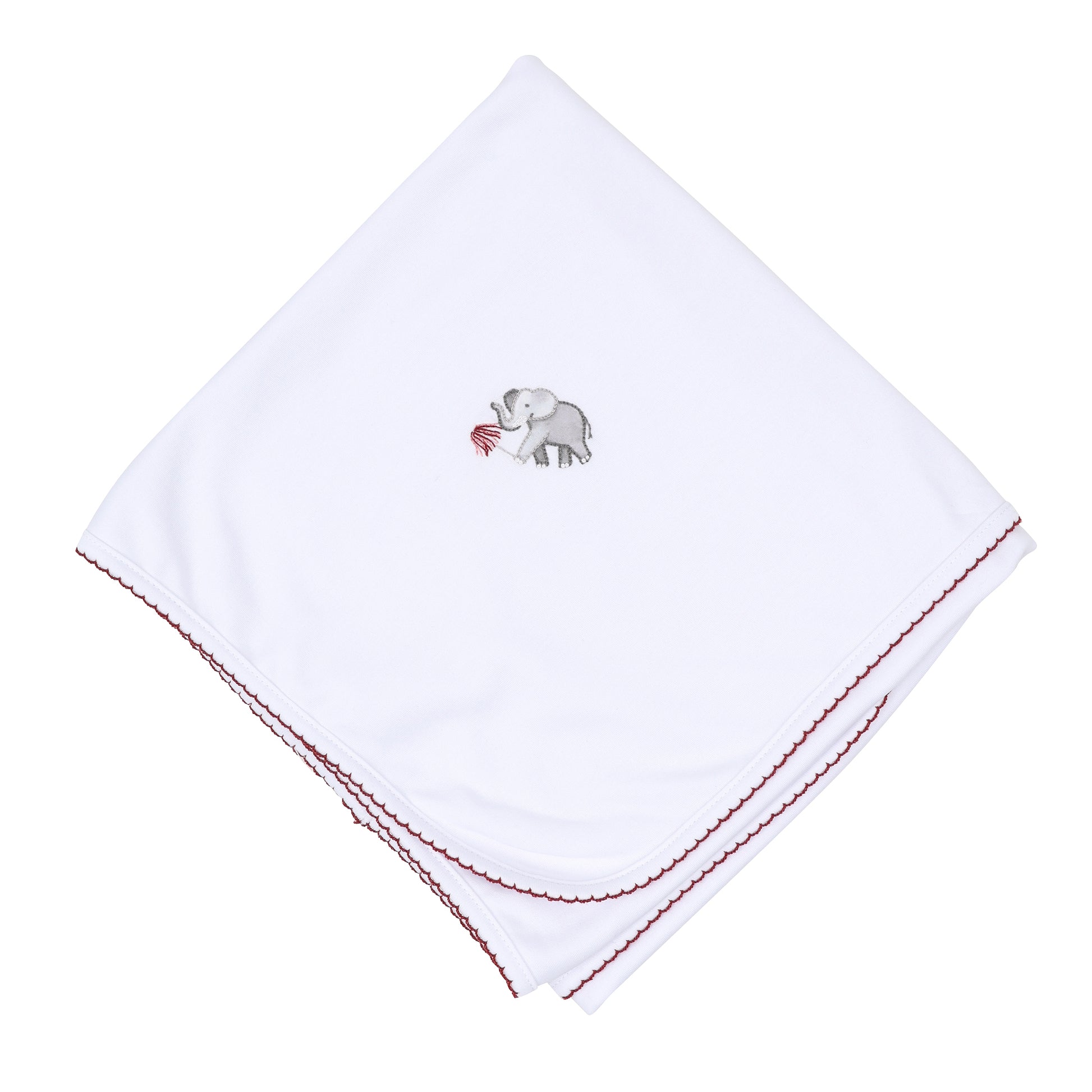 White baby blanket with deep crimson scalloped trim and embroidered gray elephant holding a crimson pom.