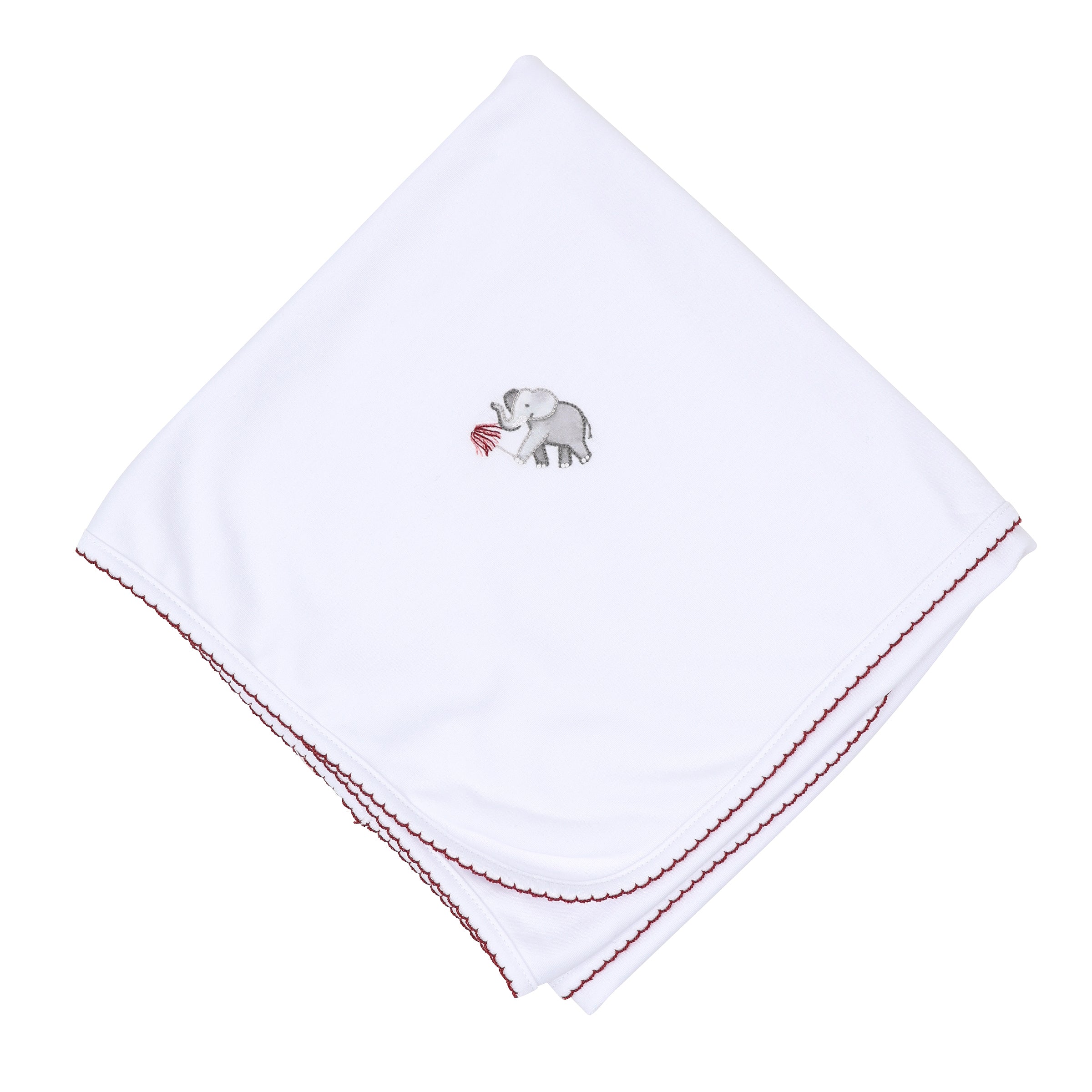White baby blanket with deep crimson scalloped trim and embroidered gray elephant holding a crimson pom.