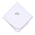 White baby blanket with deep crimson scalloped trim and embroidered gray elephant holding a crimson pom.