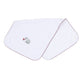 White baby burp cloth with deep crimson scalloped trim, soft white reverse, and embroidered elephant holding a pom detail.