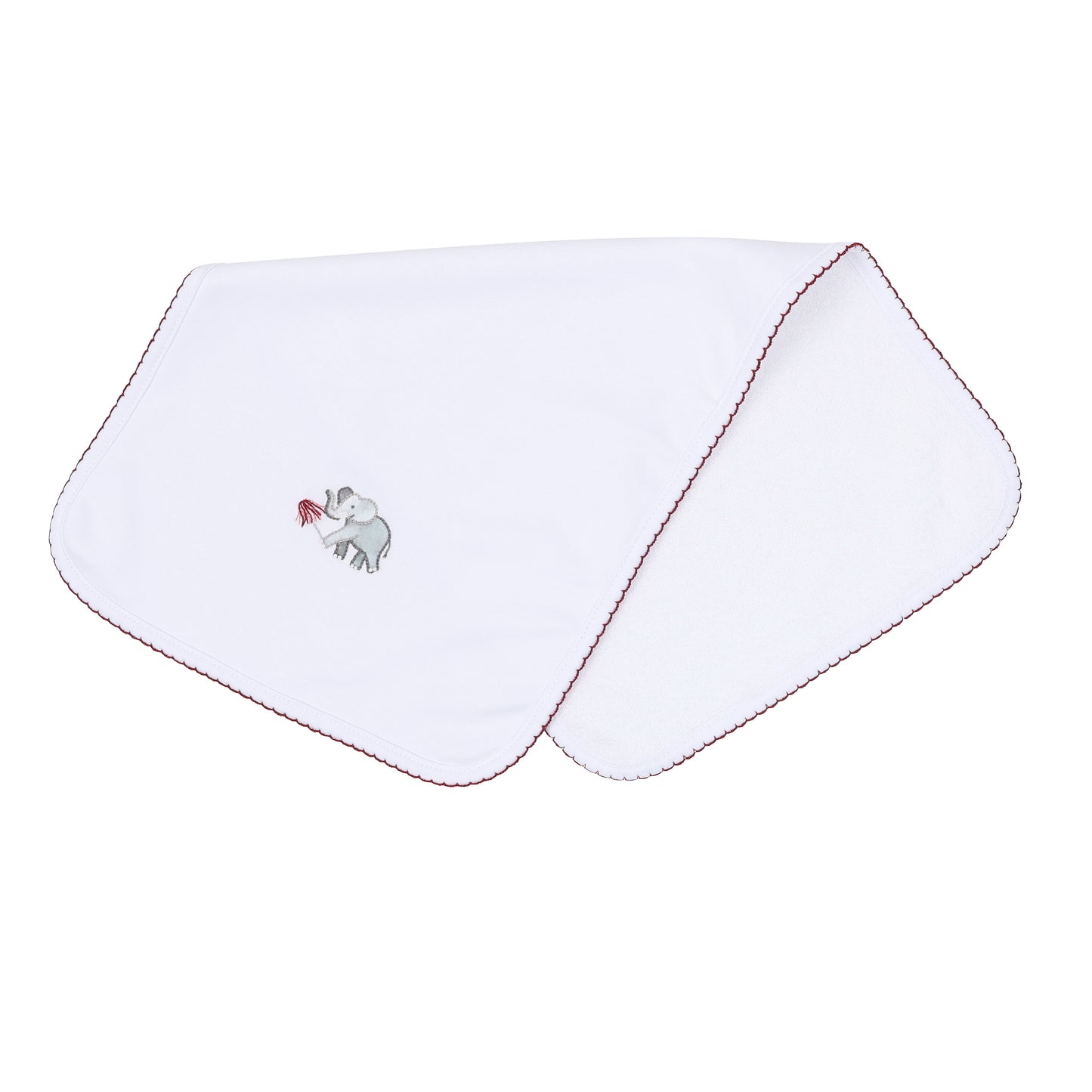 White baby burp cloth with deep crimson scalloped trim, soft white reverse, and embroidered elephant holding a pom detail.