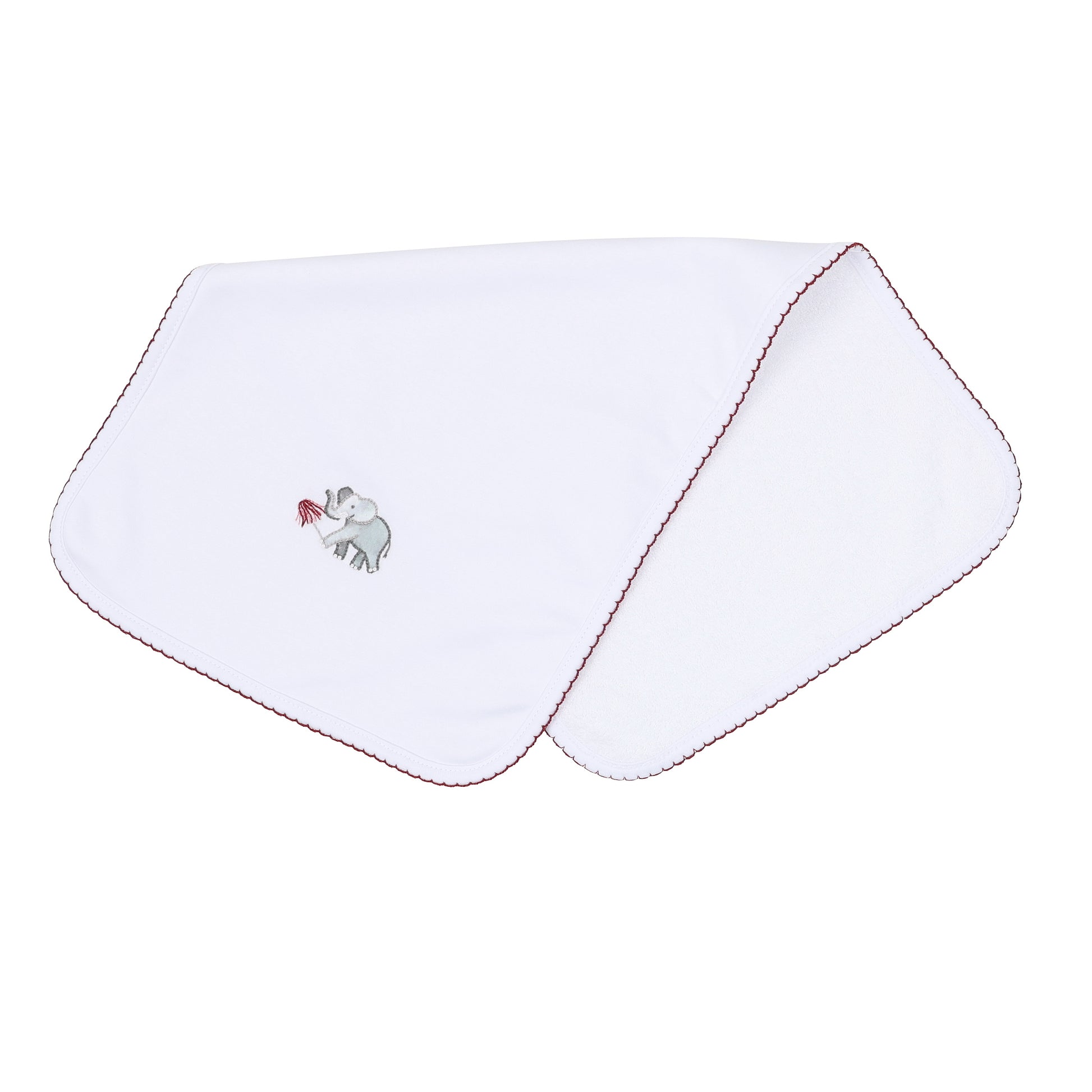 White baby burp cloth with deep crimson scalloped trim, soft white reverse, and embroidered elephant holding a pom detail.