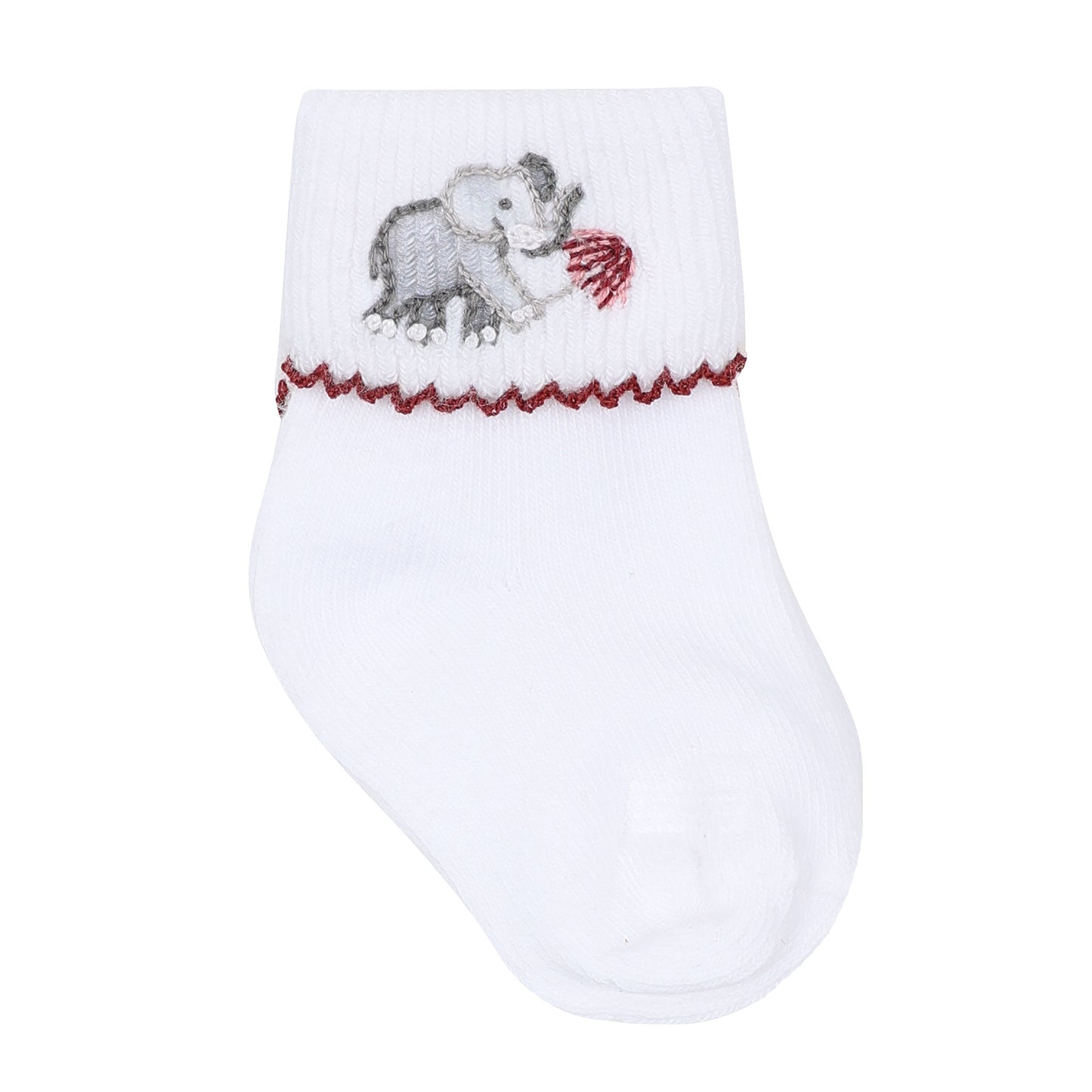 White baby socks with deep crimson elephant motifs on the cuffs.