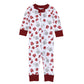 White baby zip pajama with crimson trim and allover crimson and gray football print featuring elephants, helmets, jerseys, and footballs.