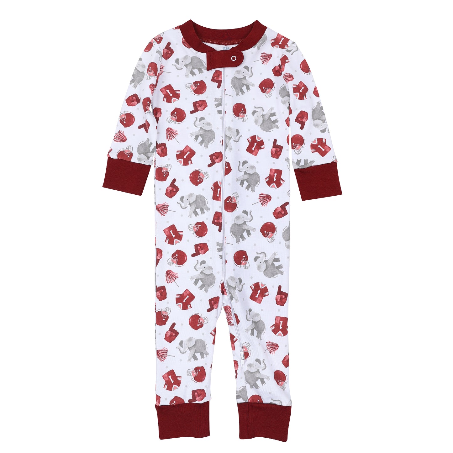 White baby zip pajama with crimson trim and allover crimson and gray football print featuring elephants, helmets, jerseys, and footballs.