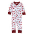 White baby zip pajama with crimson trim and allover crimson and gray football print featuring elephants, helmets, jerseys, and footballs.
