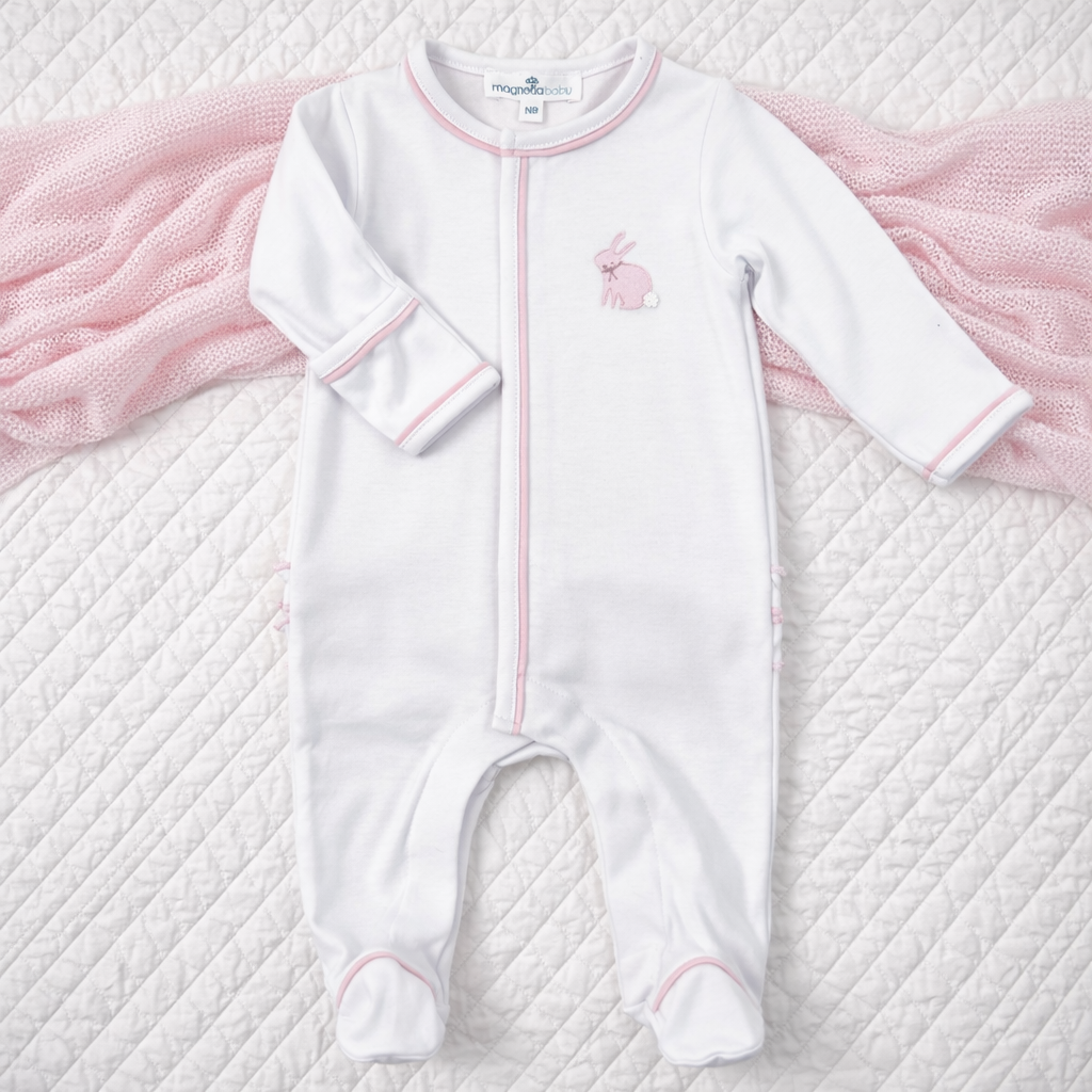 Leaping Bunnies Hand-Embroidered Ruffle Footie