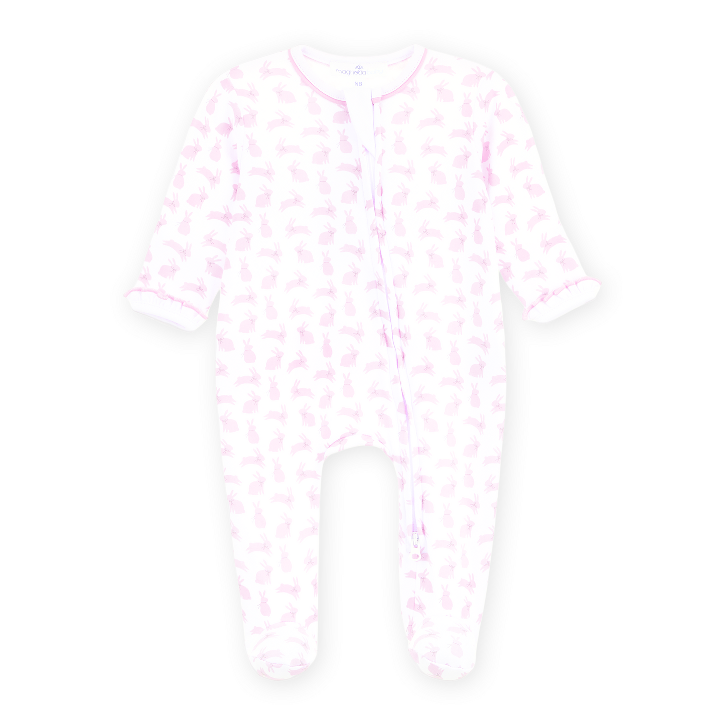 Leaping Bunnies Print Ruffle Zip Footie - Pink Magnolia Baby Girl