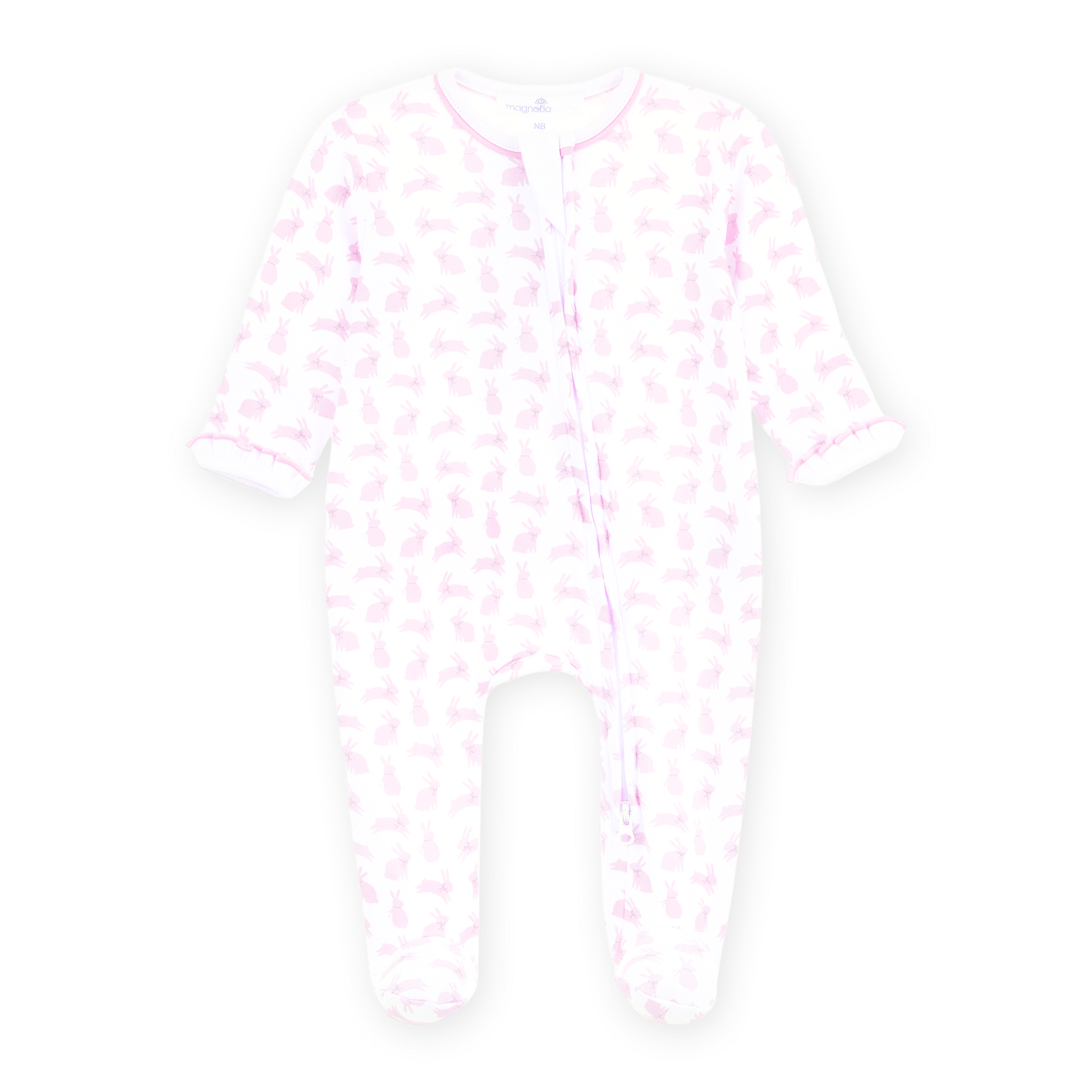 Leaping Bunnies Print Ruffle Zip Footie - Pink Magnolia Baby Girl