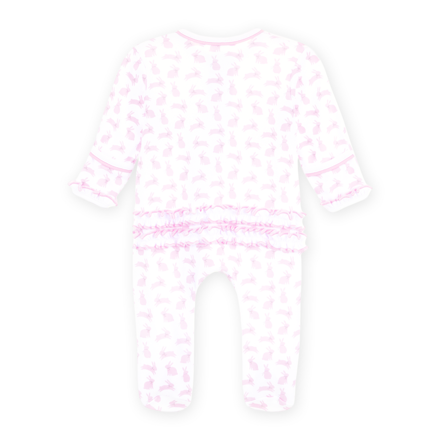 Leaping Bunnies Print Ruffle Zip Footie - Pink Magnolia Baby Girl