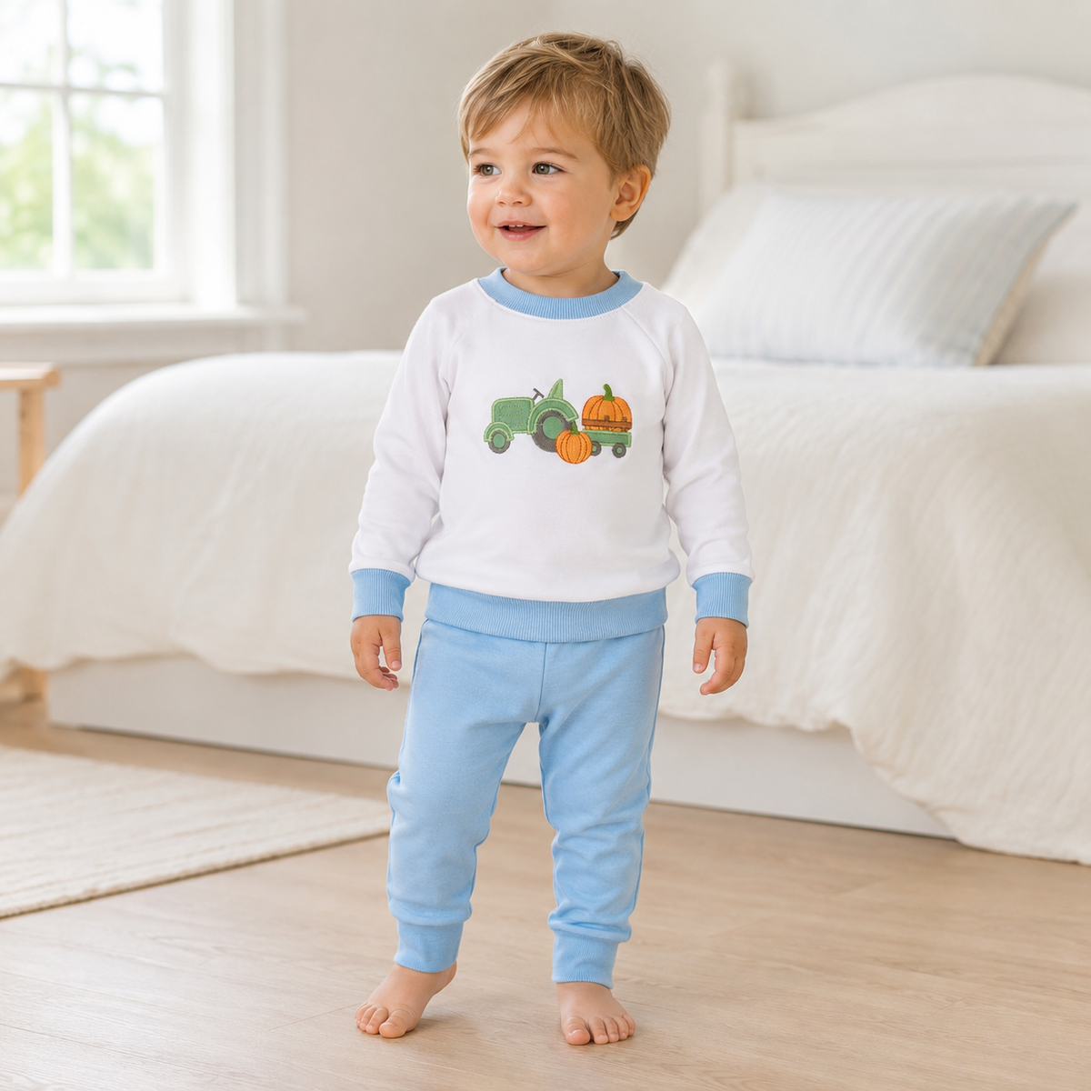 Pumpkin Tractor Applique Pullover Sweatshirt - Light Blue
