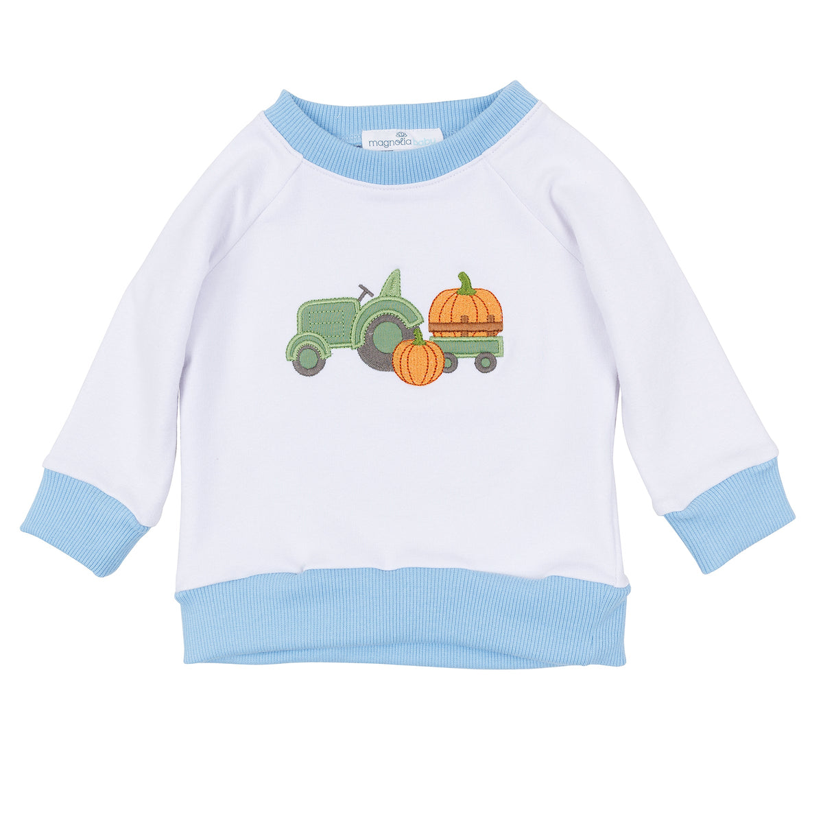 Pumpkin Tractor Applique Pullover Sweatshirt - Light Blue - Magnolia Baby Boy