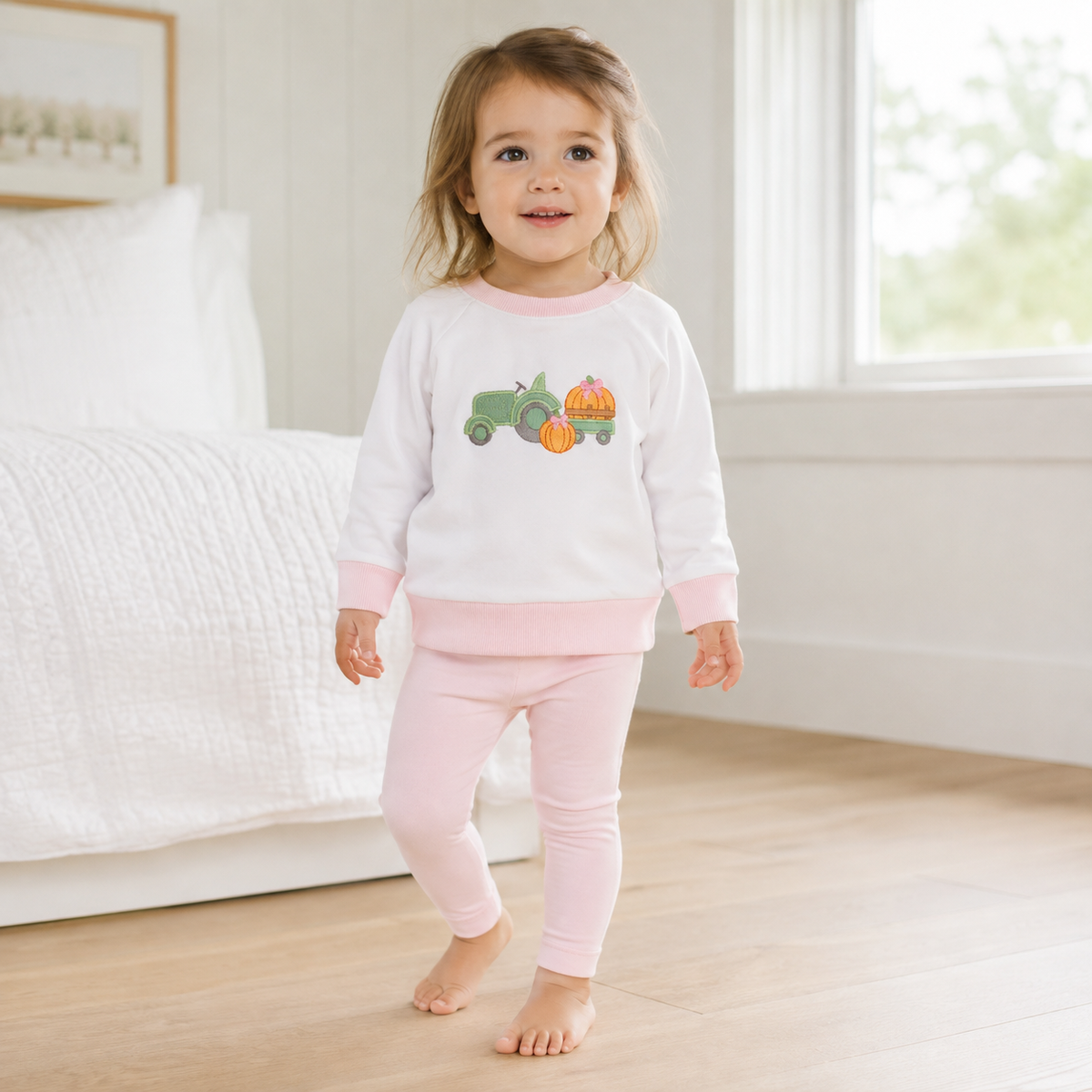 Pumpkin Tractor Applique Pullover Sweatshirt - Pink
