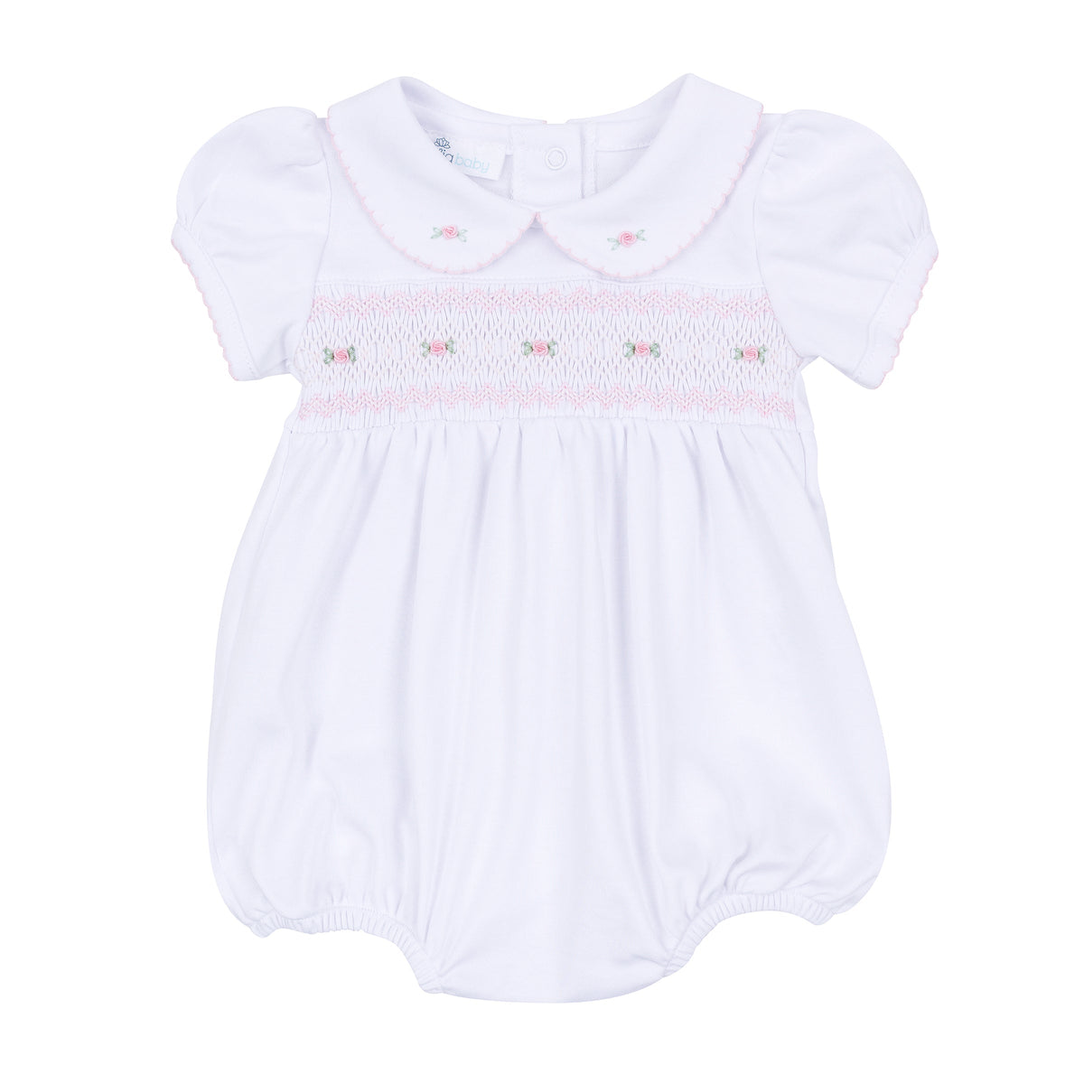 Grace Smocked Short Sleeve Bubble - White Pink - Magnolia Baby Girl