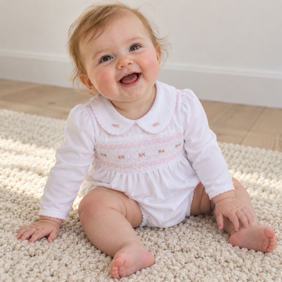 Grace Smocked Long Sleeve Bubble - White Pink