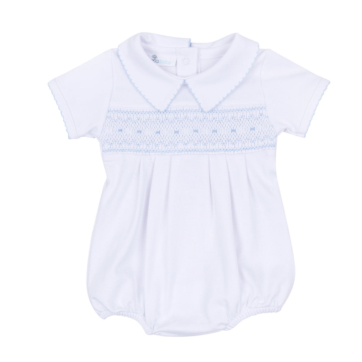 George Smocked Short Sleeve Bubble - White Light Blue - Magnolia Baby Boy