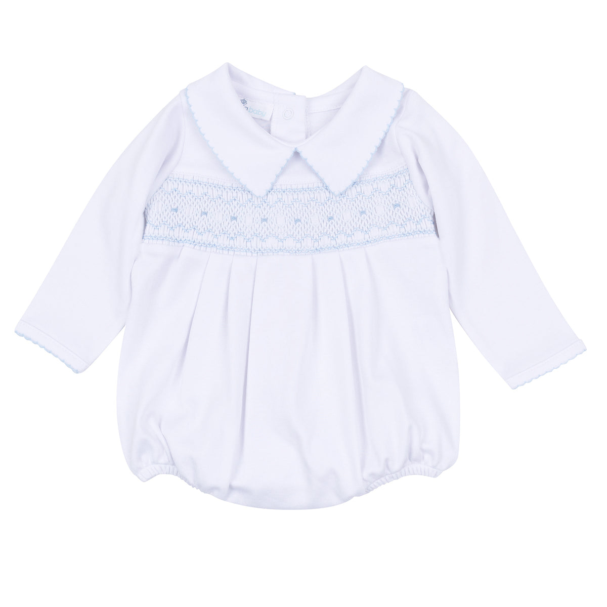 George Smocked Long Sleeve Bubble - White Light Blue - Magnolia Baby Boy