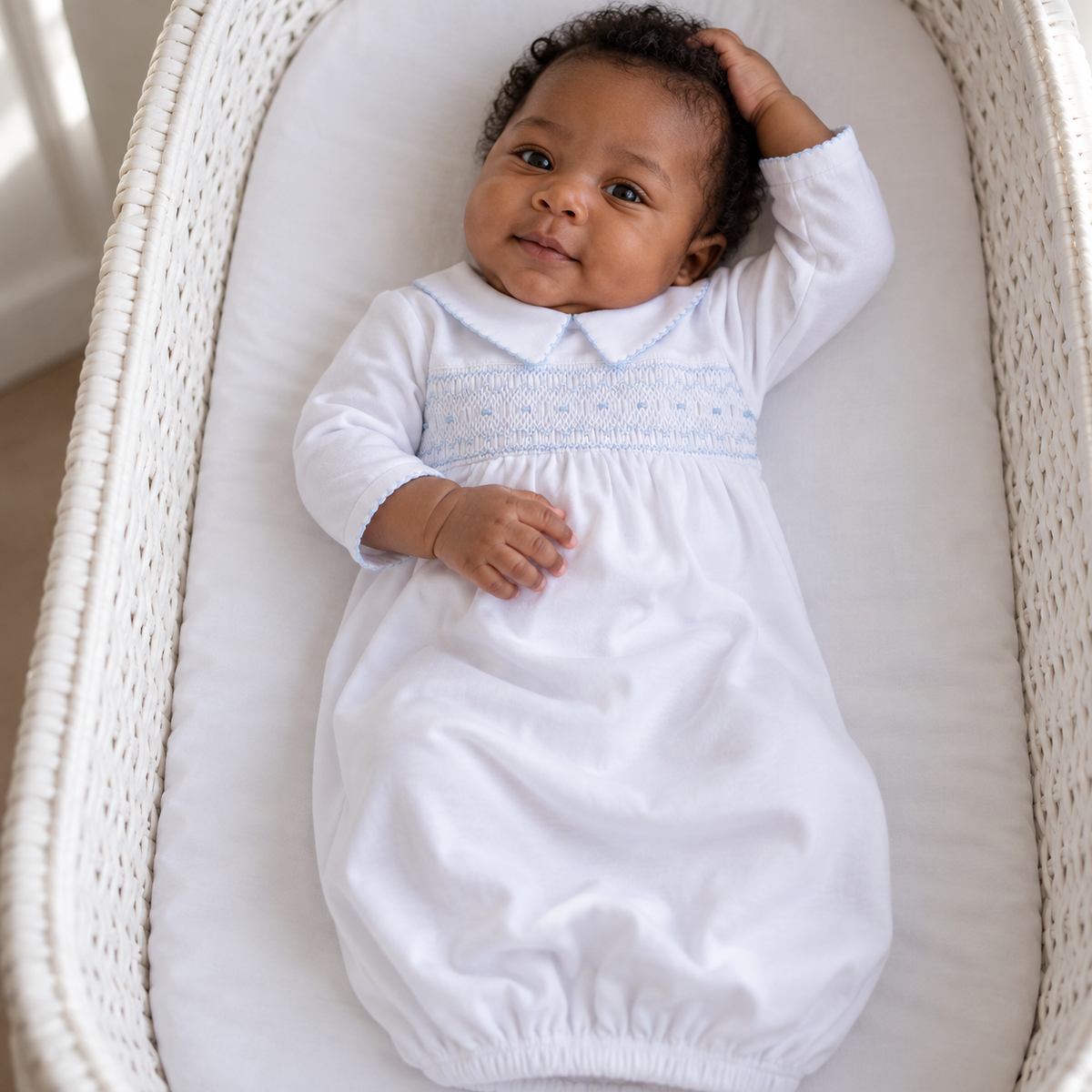George Smocked Gown - White Light Blue