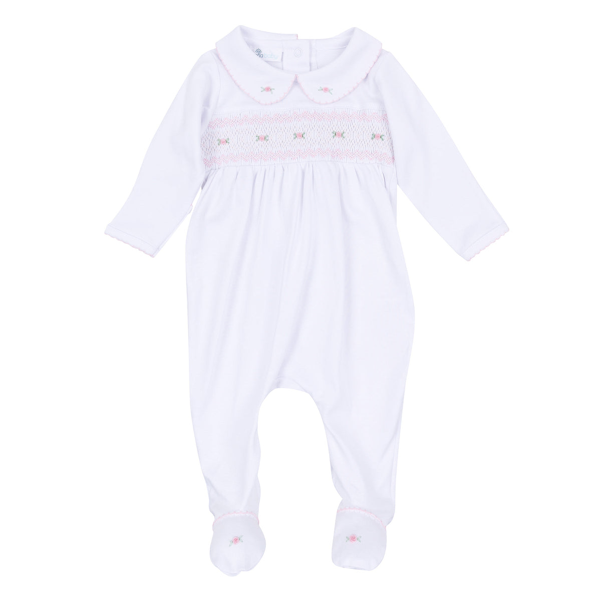 Grace Smocked Footie - White Pink - Magnolia Baby Girl