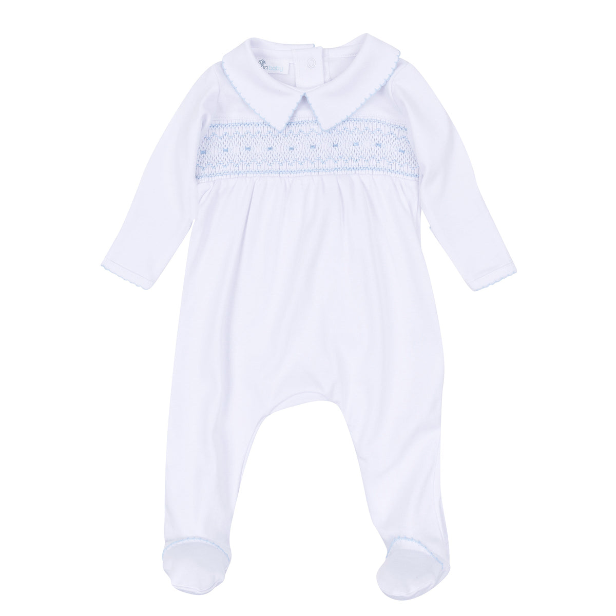 George Smocked Footie - White Light Blue - Magnolia Baby Boy