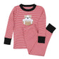 Boys’ red and white striped long pajama set with black cuffs and embroidered bulldog holding a football on the shirt.