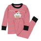 Girls’ red and white striped long pajama set with black cuffs and embroidered bulldog holding a football with a red bow.