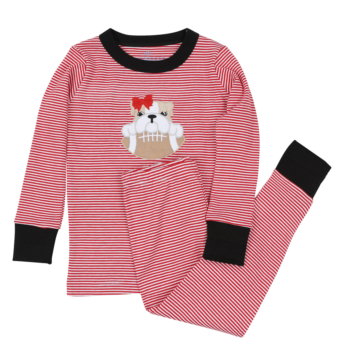 Girls’ red and white striped long pajama set with black cuffs and embroidered bulldog holding a football with a red bow.