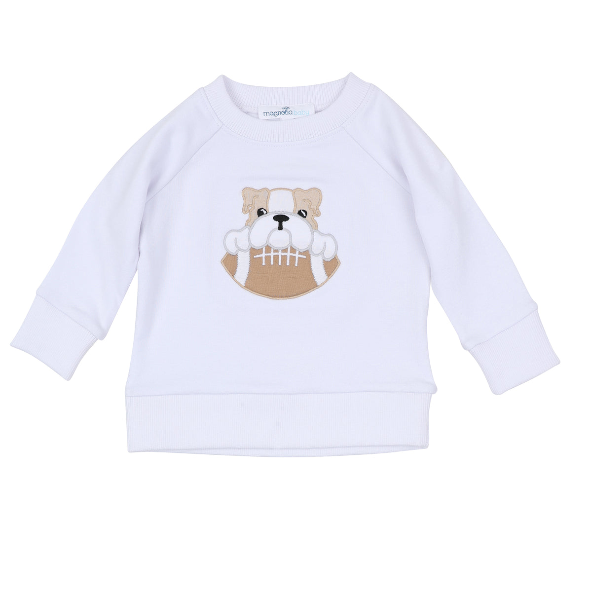 White baby boy sweatshirt with ribbed trim and embroidered bulldog holding a football on the front.