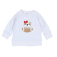 White baby girl sweatshirt with ribbed trim and embroidered bulldog holding a football with a red bow.