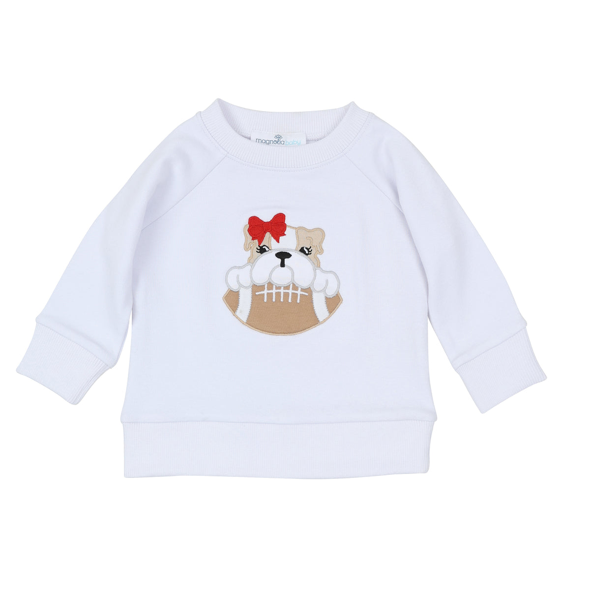 White baby girl sweatshirt with ribbed trim and embroidered bulldog holding a football with a red bow.