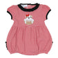 Red and white striped baby girl ruffle bubble with black ruffle trim and embroidered bulldog holding a football with a red bow.