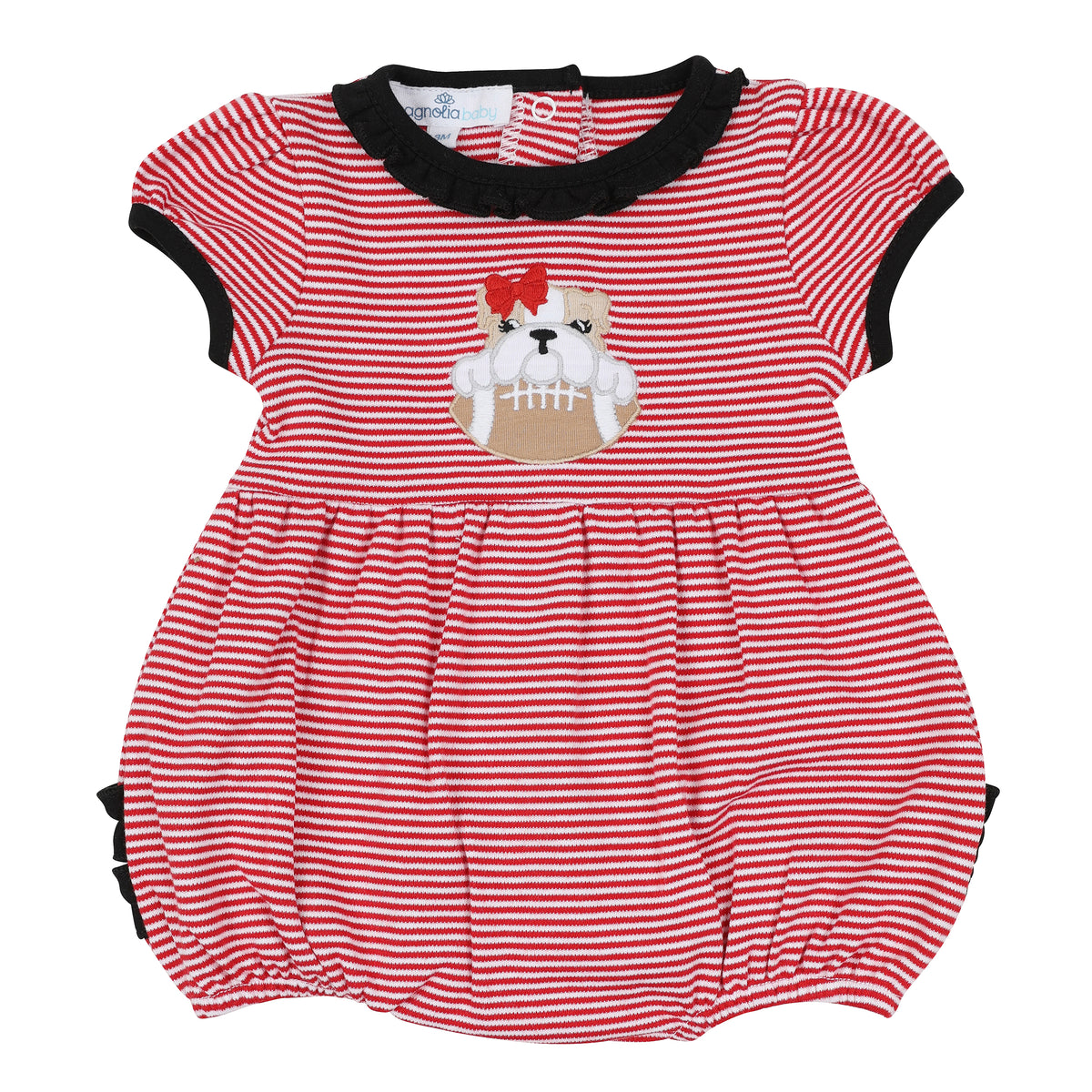 Red and white striped baby girl ruffle bubble with black ruffle trim and embroidered bulldog holding a football with a red bow.