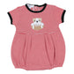 Red and white striped baby boy bubble romper with black trim and embroidered bulldog holding a football.