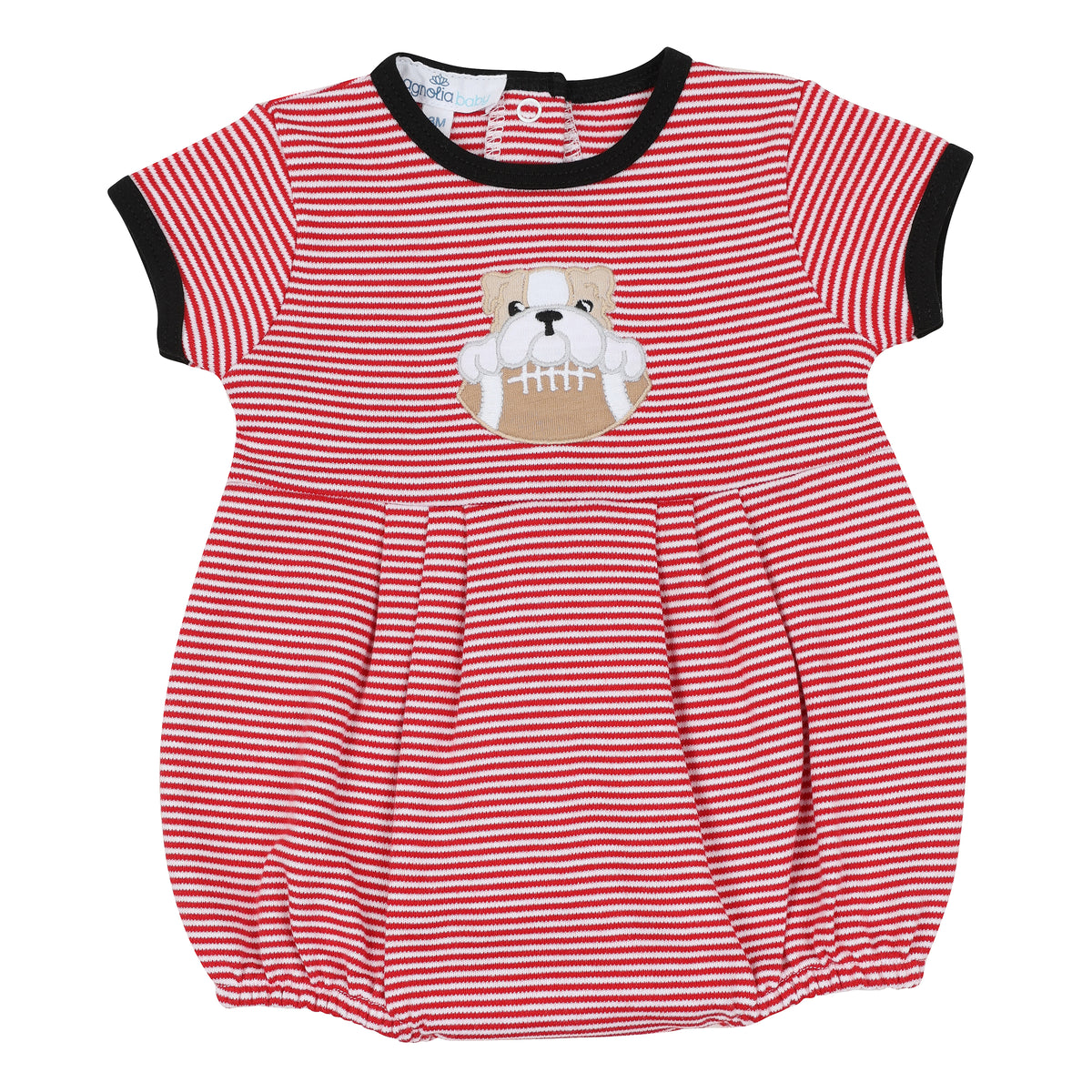 Red and white striped baby boy bubble romper with black trim and embroidered bulldog holding a football.
