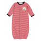 Red and white striped baby boy converter gown with black trim and embroidered bulldog holding a football.