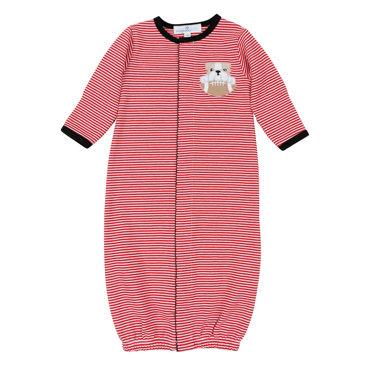 Red and white striped baby boy converter gown with black trim and embroidered bulldog holding a football.