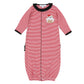 Red and white striped baby girl ruffle converter gown with black trim and embroidered bulldog holding a football with a red bow.