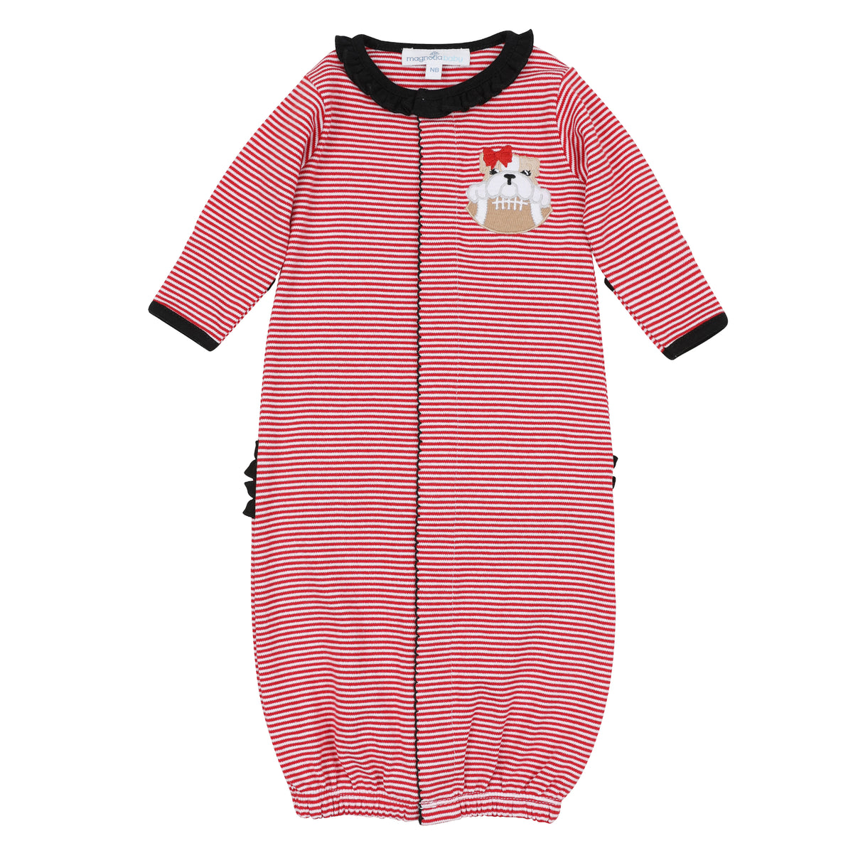 Red and white striped baby girl ruffle converter gown with black trim and embroidered bulldog holding a football with a red bow.