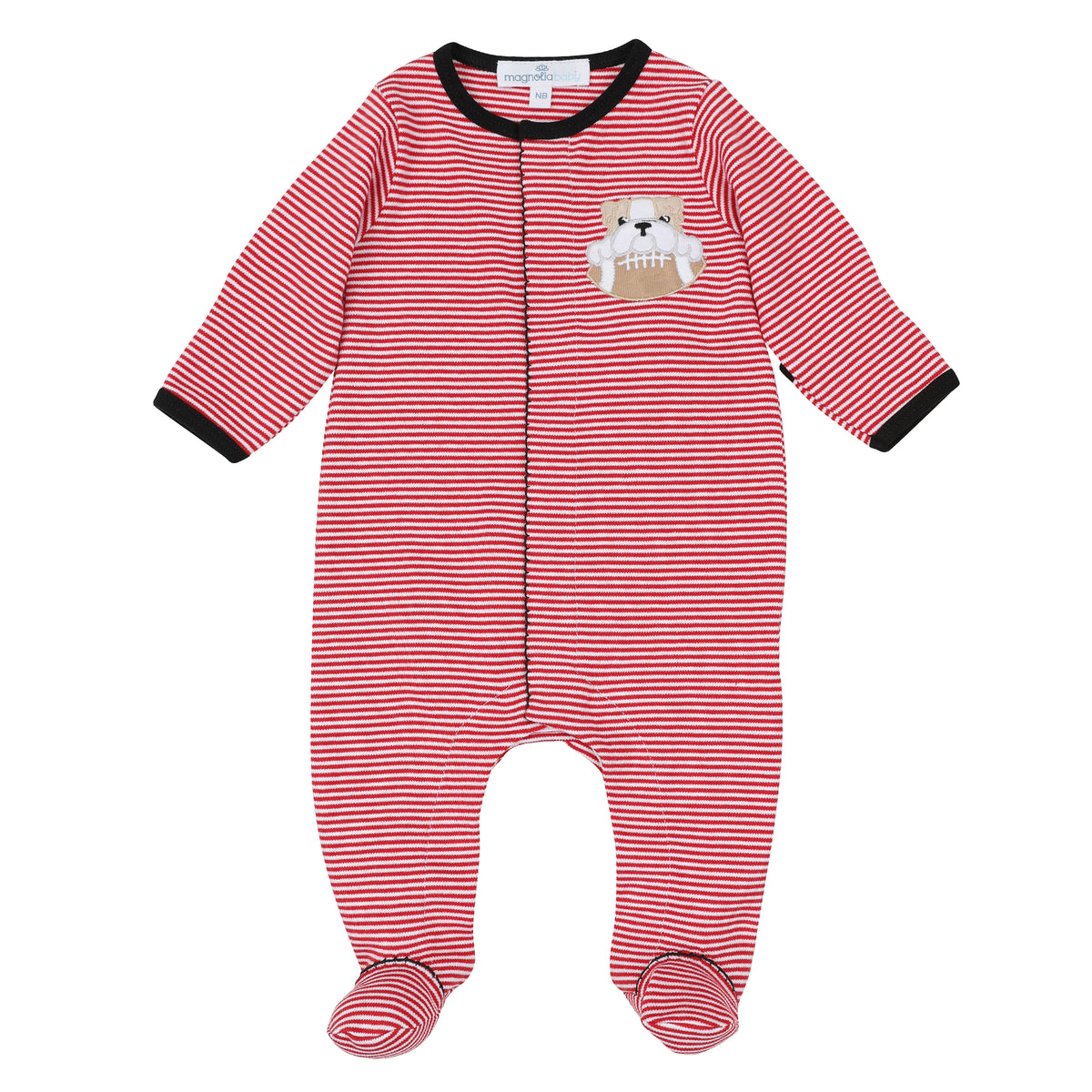 Red and white striped baby boy footie with black trim, covered feet, and embroidered bulldog holding a football.