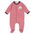 Red and white striped baby boy footie with black trim, covered feet, and embroidered bulldog holding a football.