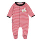 Red and white striped baby girl ruffle footie with black ruffle details, covered feet, and embroidered bulldog holding a football with a red bow.