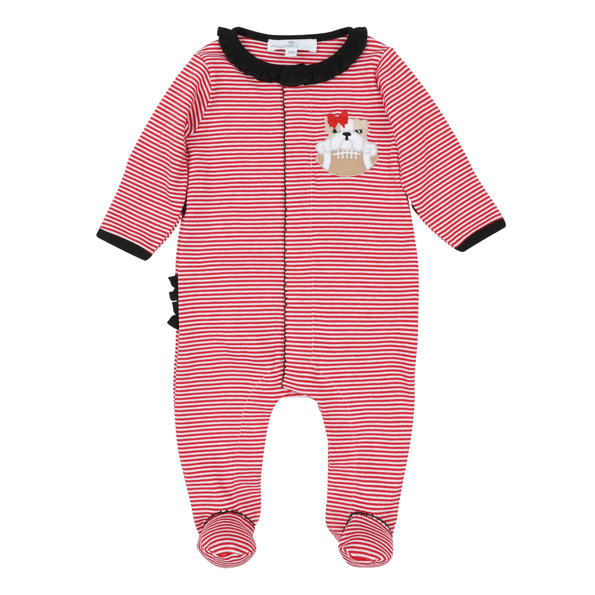 Red and white striped baby girl ruffle footie with black ruffle details, covered feet, and embroidered bulldog holding a football with a red bow.