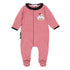 Red and white striped baby girl ruffle footie with black ruffle details, covered feet, and embroidered bulldog holding a football with a red bow.