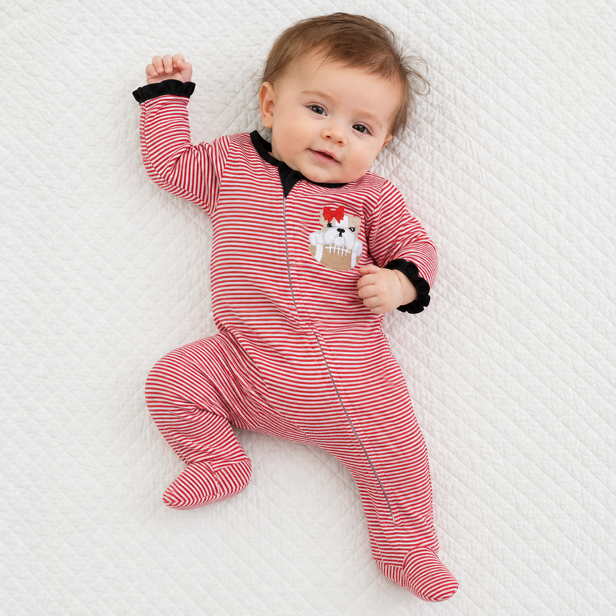 Bulldog Pride Applique Ruffle Zip Footie