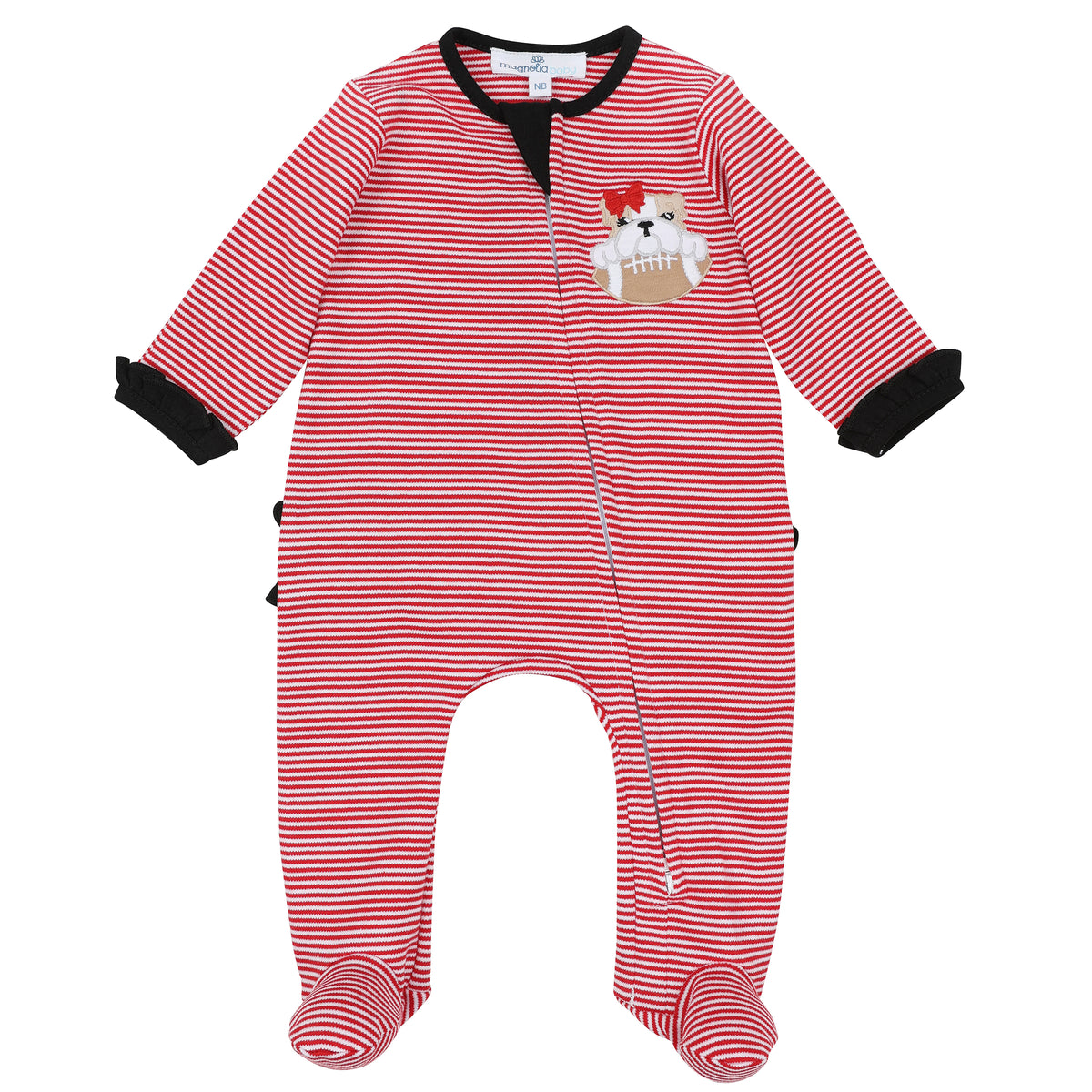 Red and white striped baby girl zip ruffle footie with black ruffles, covered feet, and embroidered bulldog holding a football with a red bow.