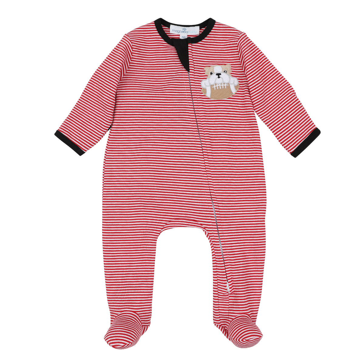 Red and white striped baby boy zip footie with black trim, covered feet, and embroidered bulldog holding a football.