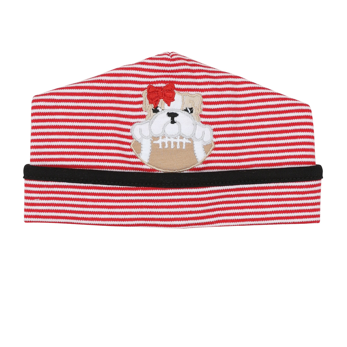 Red and white striped baby girl hat with black trim and embroidered bulldog holding a football with a red bow.