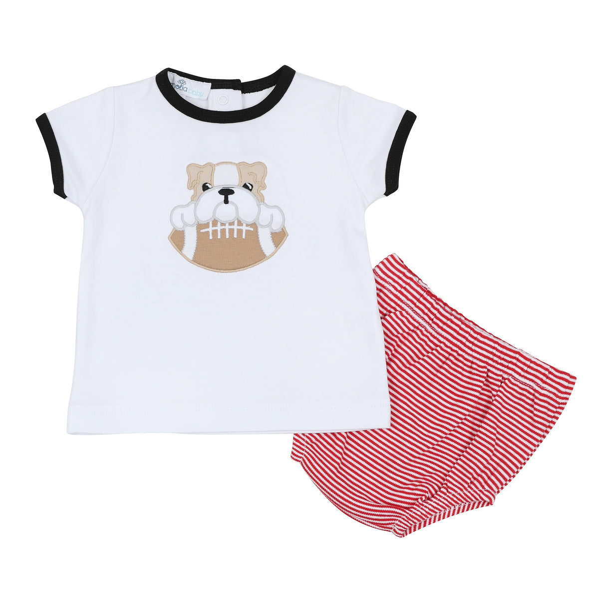 Baby boy diaper cover set with white top, black trim, embroidered bulldog holding a football, and red striped bloomers.