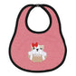 Red and white striped baby bib with black trim and embroidered bulldog holding a football with a red bow.