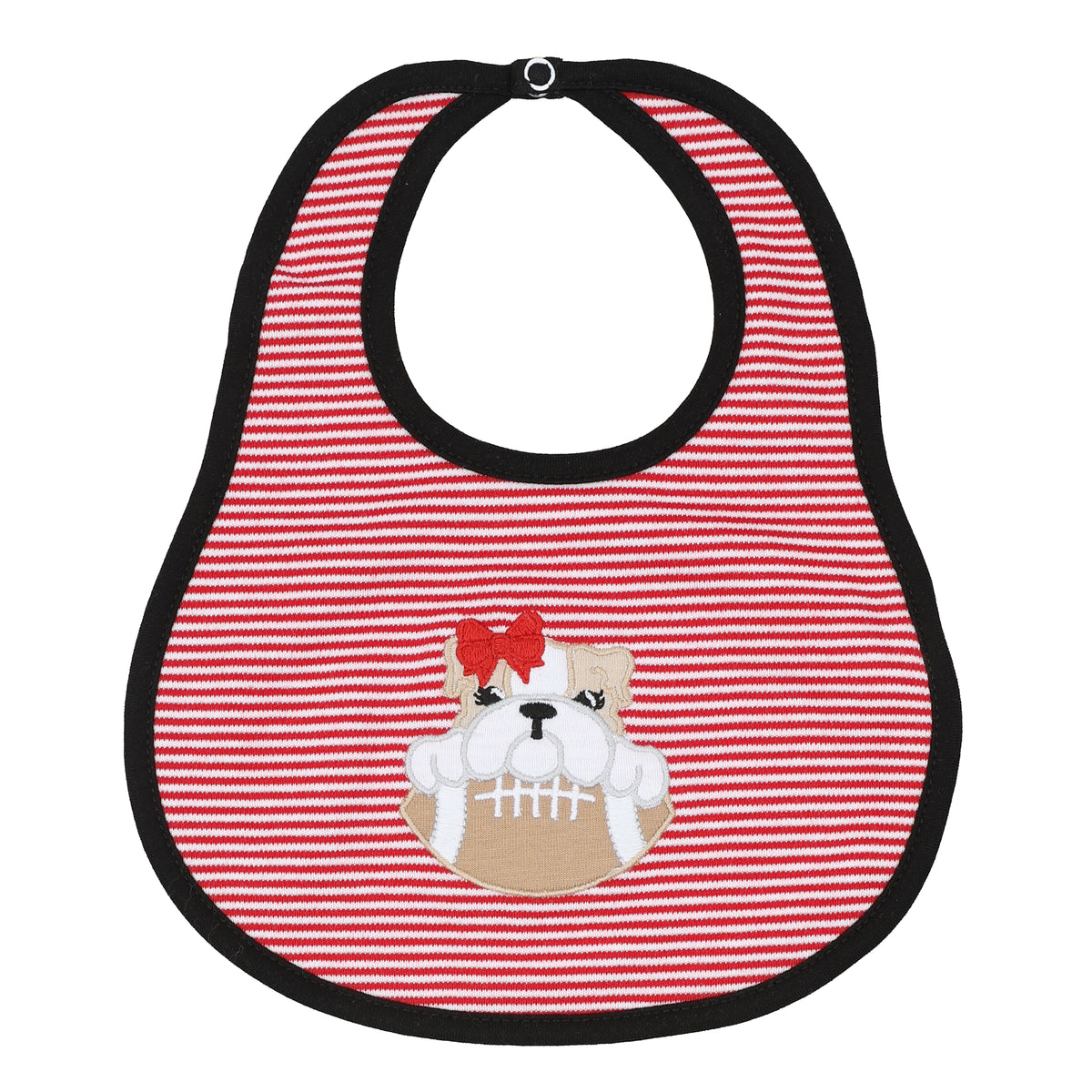 Red and white striped baby bib with black trim and embroidered bulldog holding a football with a red bow.